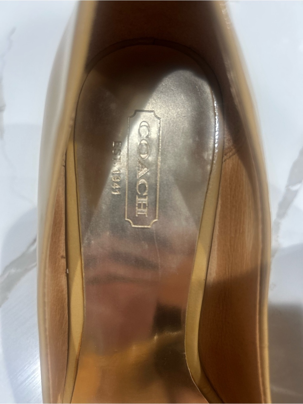 Coach Elora Patent Leather Peep-Toe Pumps in Camel/Tan with Logo Hardware - Picture 3 of 8